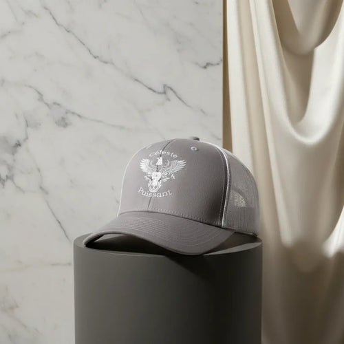 Casquette grise à filet et logo blanc Céleste&Puissant